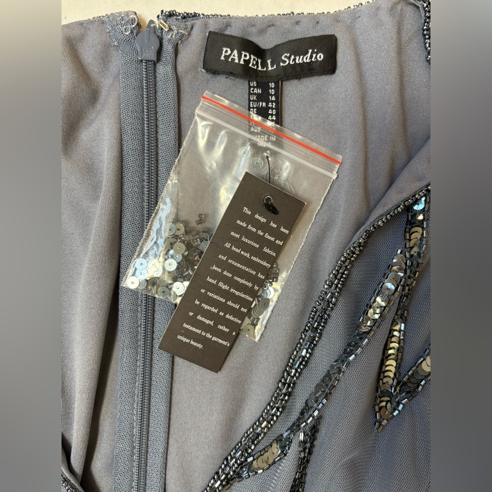 Embellish Bead Mesh Wrap Dress Adrianna Papell Dusty Blue Women’s Size 10 NWT - Picture 13 of 16
